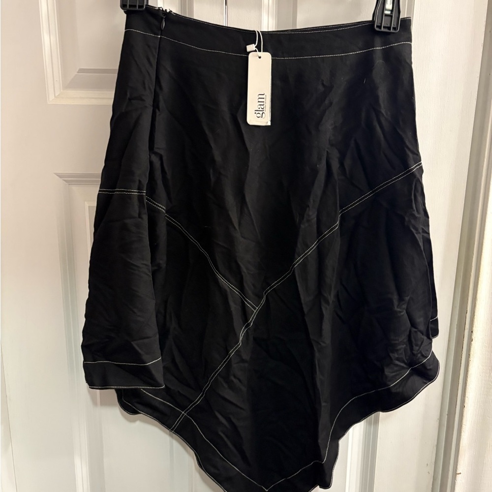 Glam Black Asymmetrical Skirt with White Stitching